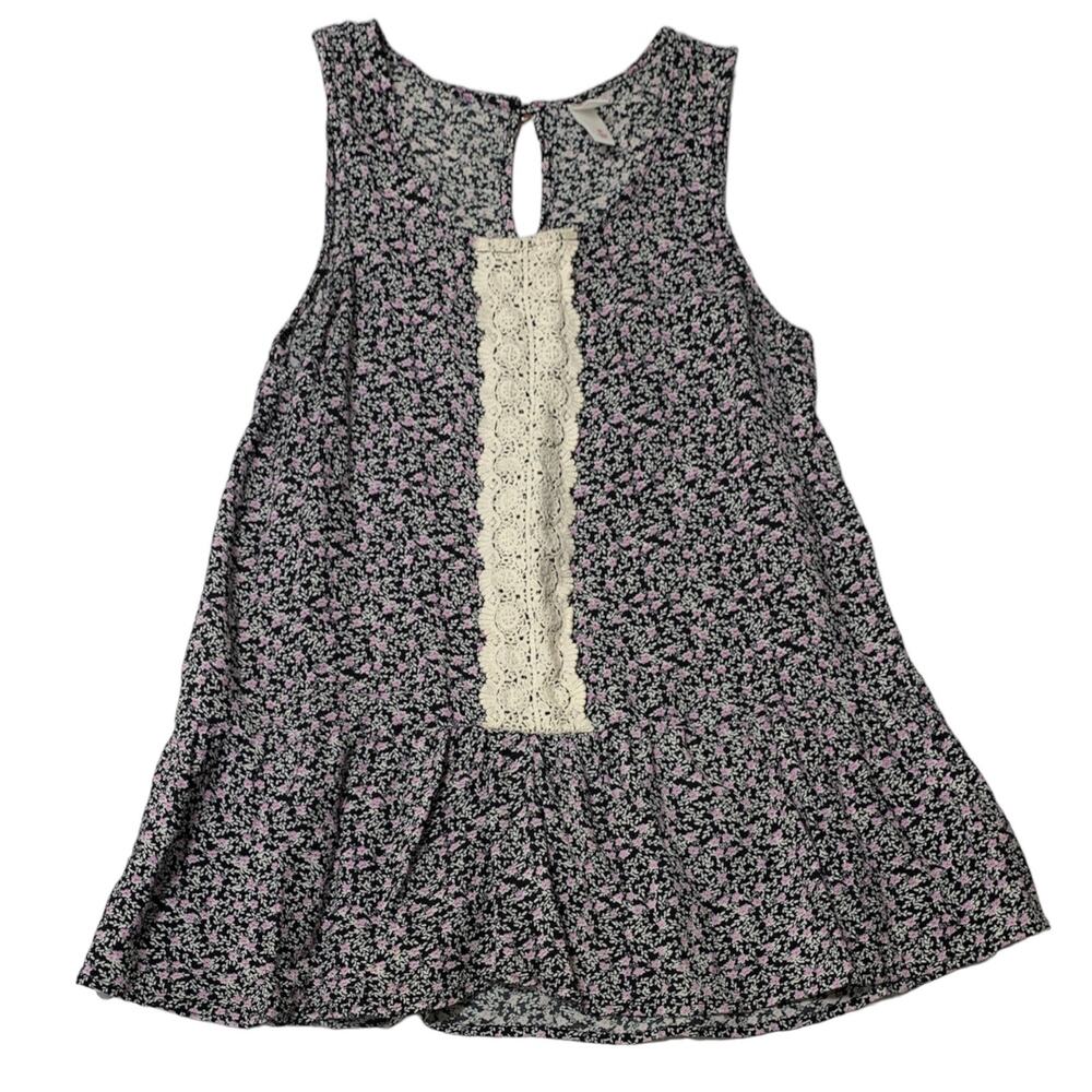 XHILIRATION Black Purple Floral Lace Bohemian Sleeveless Peplum Blouse Medium
